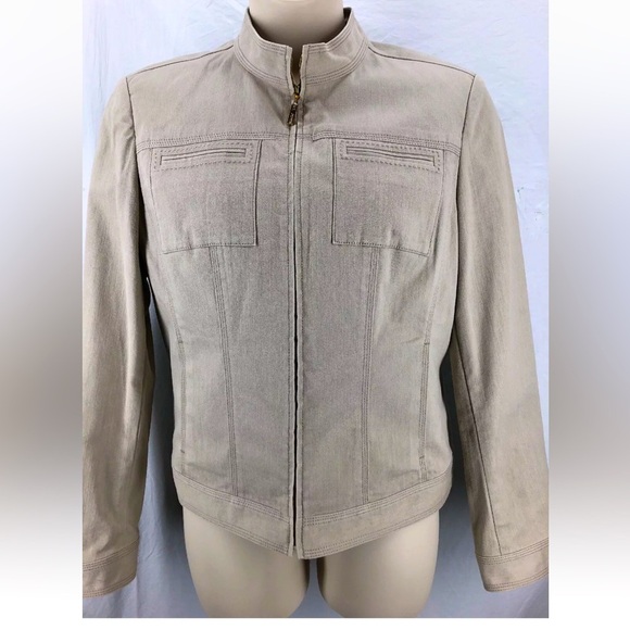 St. John Tan Full Zip, 4 Pocket, Cotton Denim Jacket Size M EUC Luxury Designer